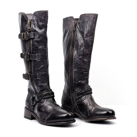 Bed Stu Women Skyla Black Leather Buckle Zip Strap Moto Tall Boots sz 7.5